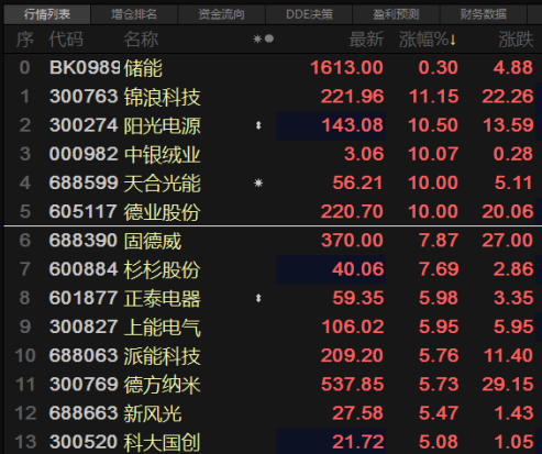 储能概念反弹拉升，阳光电源等多股涨超10%