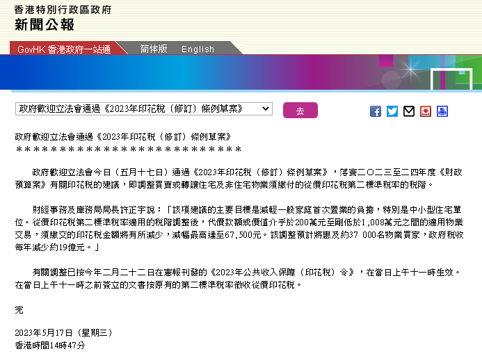 香港立法會今日通過《2023年印花稅（修訂）條例草案》