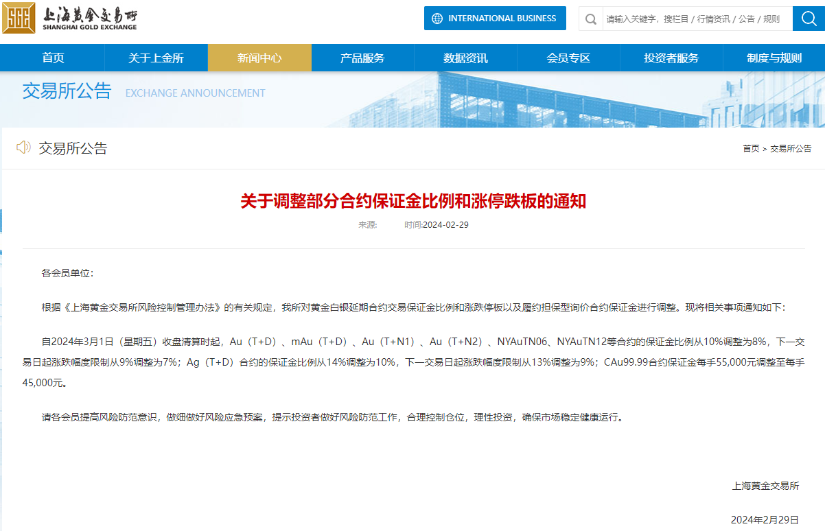 上海黄金交易所：3月1日收盘清算时起Au(T+D)、mAu(T+D)等合约保证金比例从10%调为8%