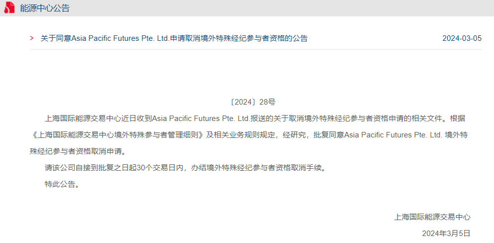 上海国际能源交易中心批复同意Asia Pacific Futures Pte. Ltd. 境外特殊经纪参与者资格取消申请