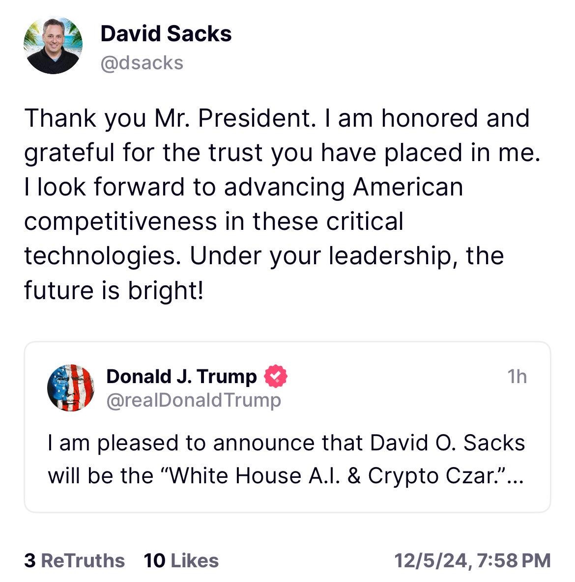 David Sacks：很荣幸并期待推动美国在关键技术领域的竞争力