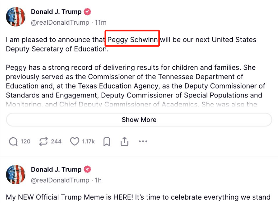 特朗普宣布“Peggy Schwinn为下一任教育部副部长”，其Penny Schwinn名字拼写错误