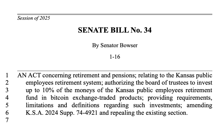 堪萨斯州新法案拟将该州公共雇员退休基金投资于比特币ETF