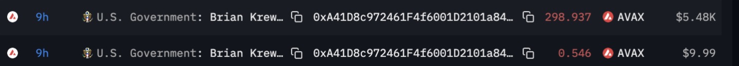 美國政府錢包地址9小時前轉出數千美元的AVAX代幣