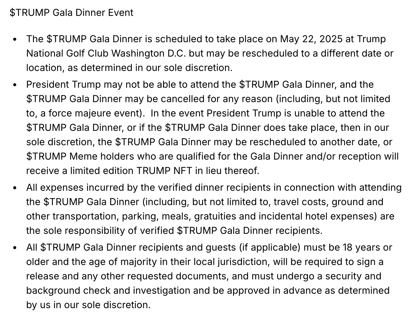 $TRUMP Gala晚宴細則:若取消或特朗普缺席,持有者將獲贈限量NFT