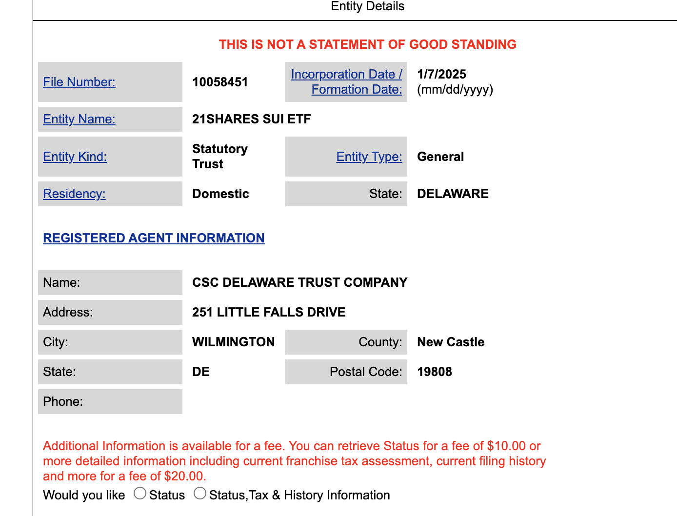 21Shares曾於1月在特拉華州設立「SUI ETF」法定信託實體