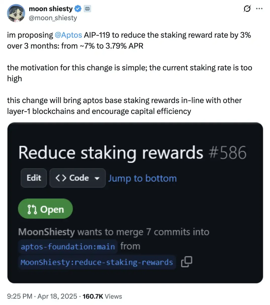 砍質押收益，新提案能讓Aptos市值趕上SUI嗎？