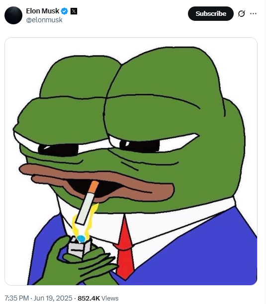 馬斯克在X平台發佈了一張類似PEPE青蛙的表情圖片