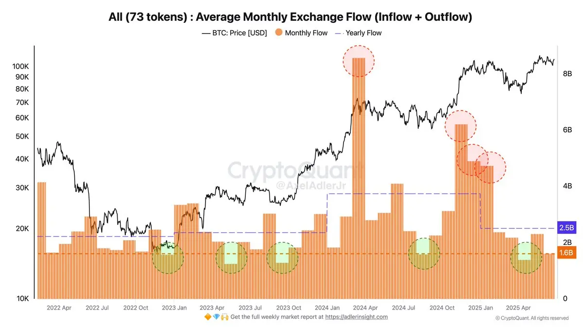 CryptoQuant：當前月均山寨幣交易流量低於年均值，或預示價格上漲潛力