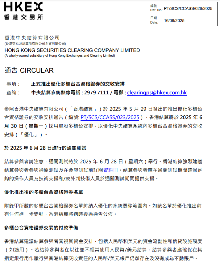 香港結算:正式推出優化多櫃台合資格證券的交收安排