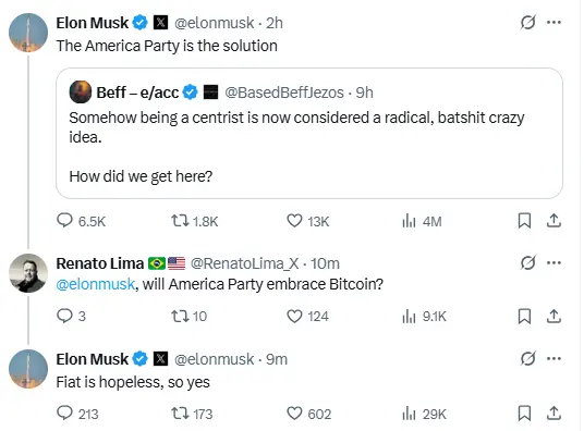 馬斯克確認「美國黨將會擁抱比特幣」