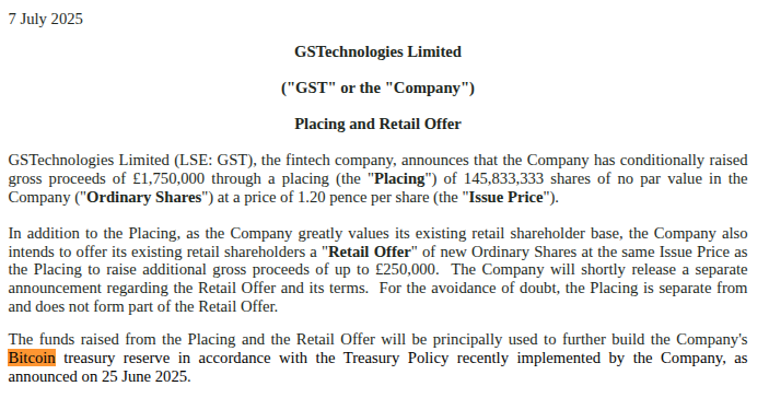 上市公司GSTechnologies已籌集175萬英鎊,將用於增加比特幣儲備