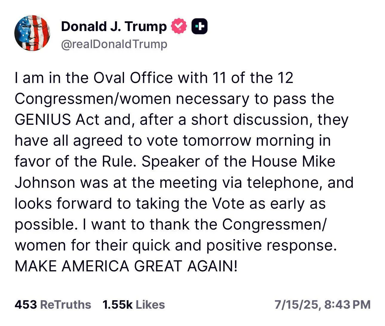 投票一波三折！美國眾議院終於通過程序性投票推進3項加密立法，Genius法案有望本周内簽署