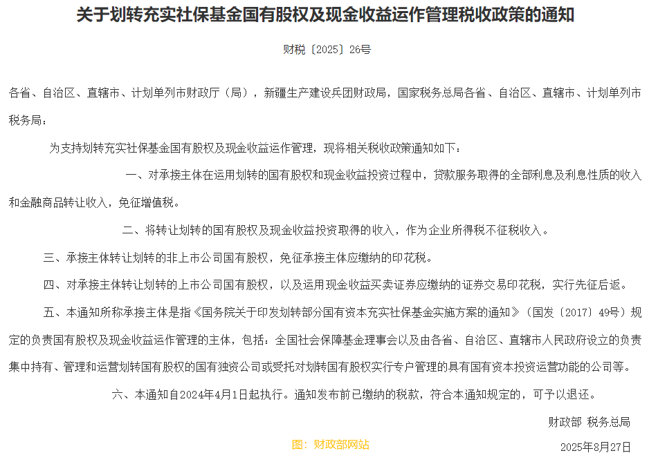 財政部、稅務總局發佈《關於劃轉充實社保基金國有股權及現金收益運作管理稅收政策的通知》