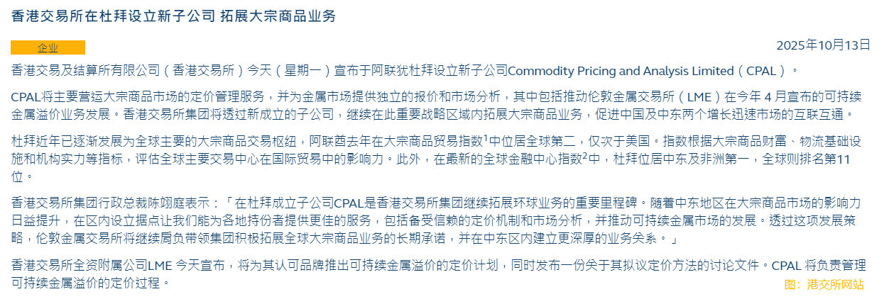 香港交易所在杜拜設立新子公司 拓展大宗商品業務