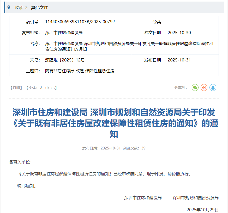 深圳印發《關於既有非居住房屋改建保障性租賃住房的通知》