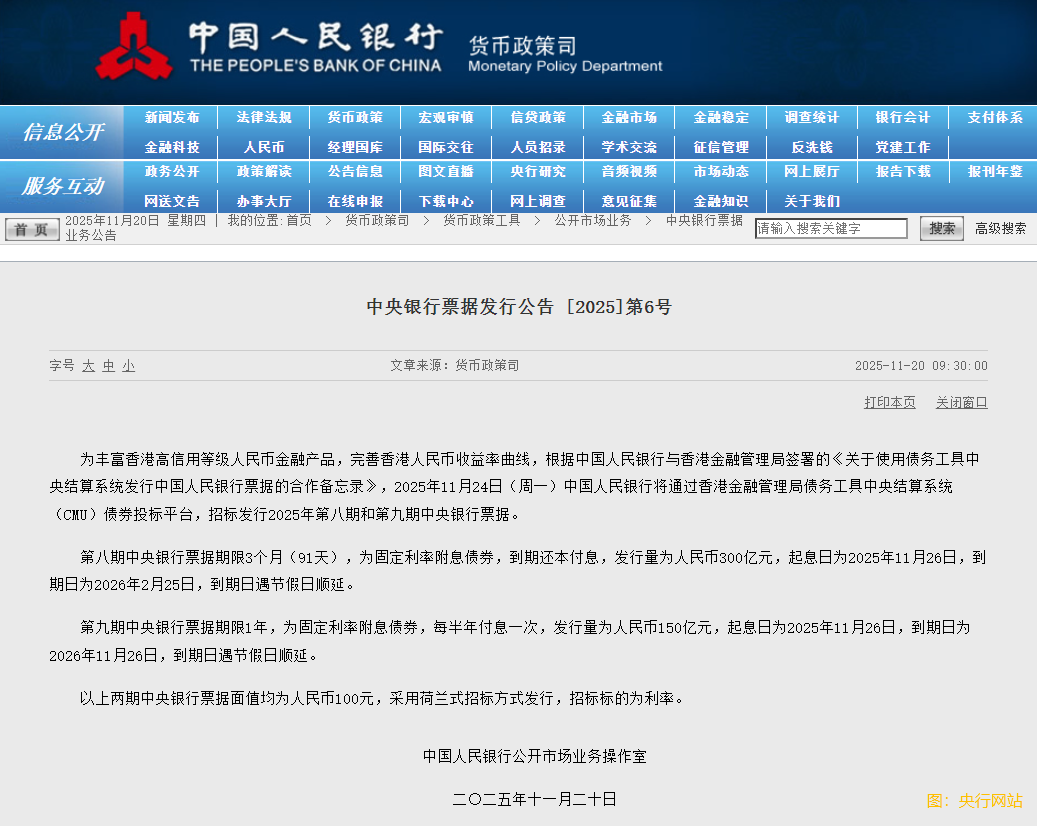 央行：將於11月24日在香港招標發行450億元中央銀行票據