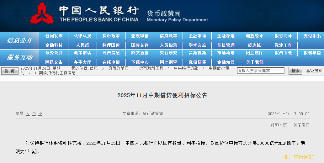 央行：11月25日開展10000億元MLF操作