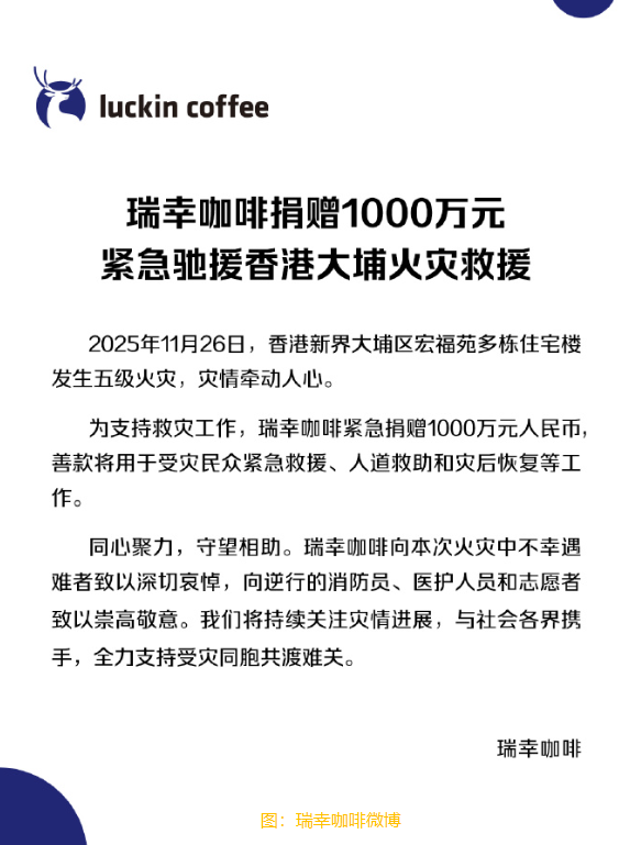瑞幸咖啡捐贈1000萬元 馳援香港大埔火災救援