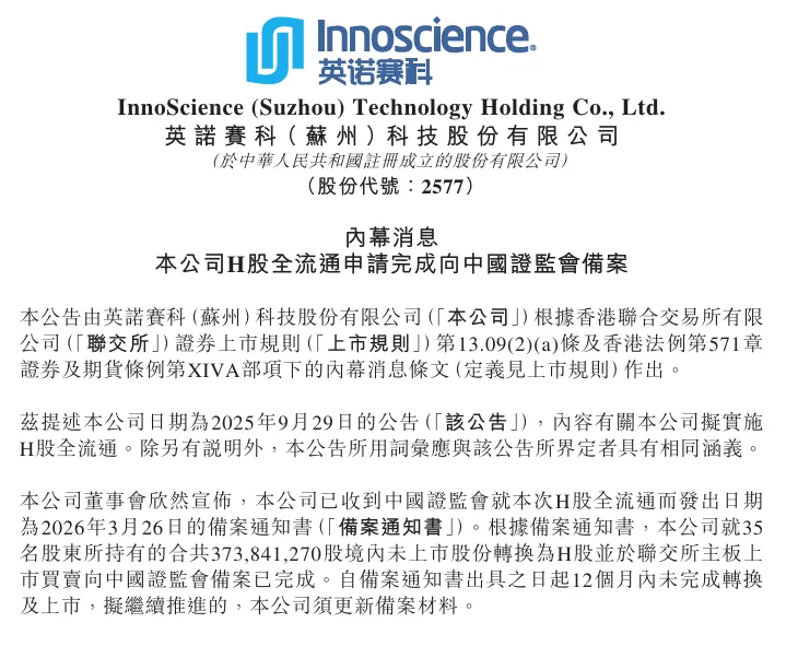 英諾賽科H股全流通備案通過:H股市值躍升至500億港元,手握全球指數入場券