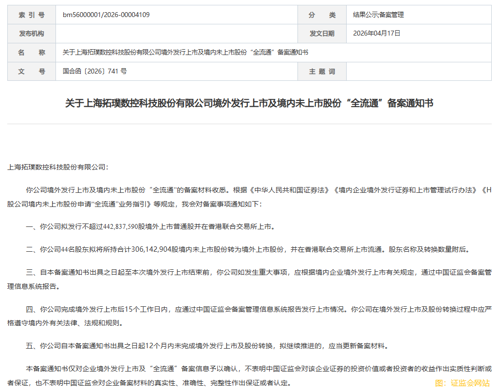 拓璞數控港股IPO及"全流通"獲中國證監會備案