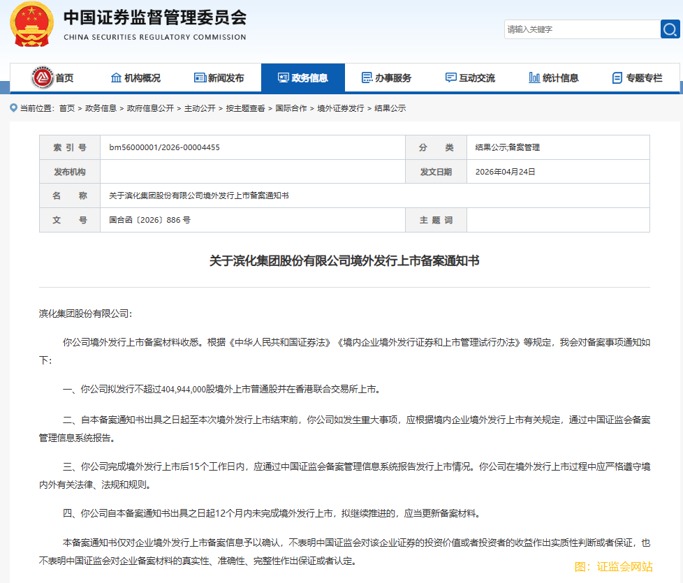 濱化股份港股上市獲中國證監會備案