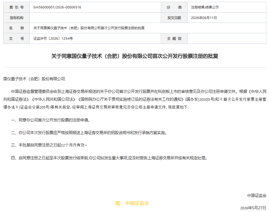 國儀量子科創板IPO申請獲中國證監會同意註冊批覆