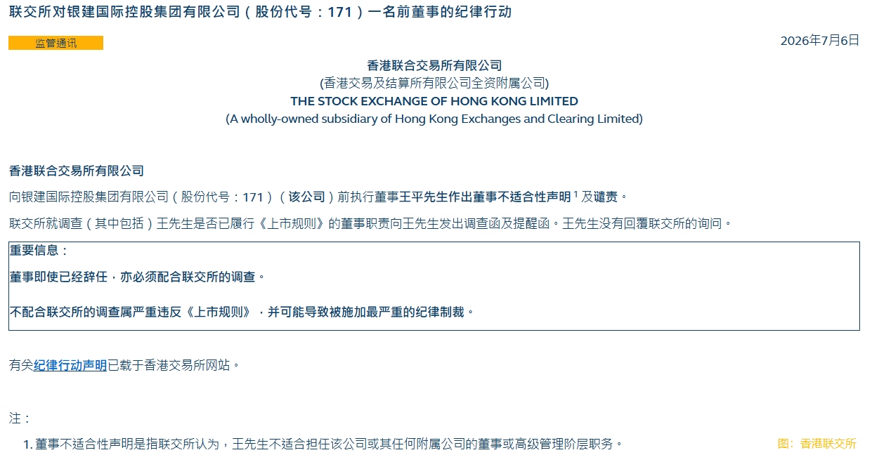 香港聯交所:對銀建國際(00171.HK)一名前董事採取紀律行動