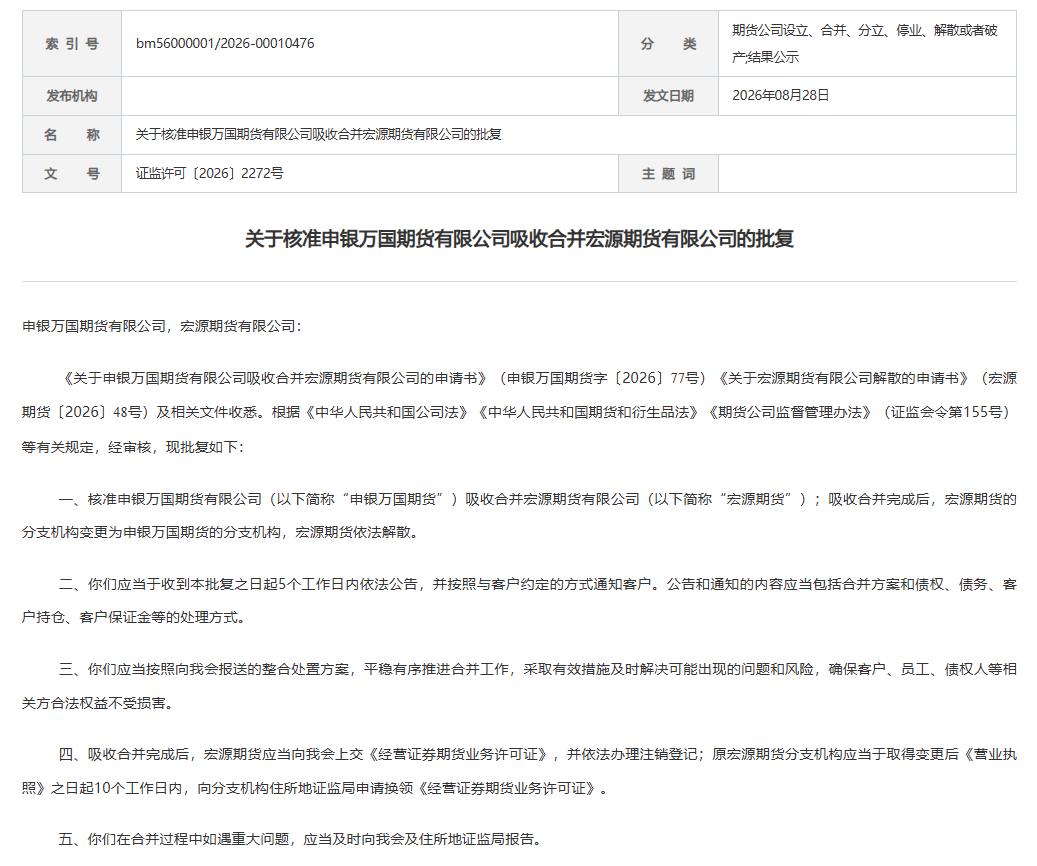 中國證監會核準申銀萬國期貨吸收合併宏源期貨