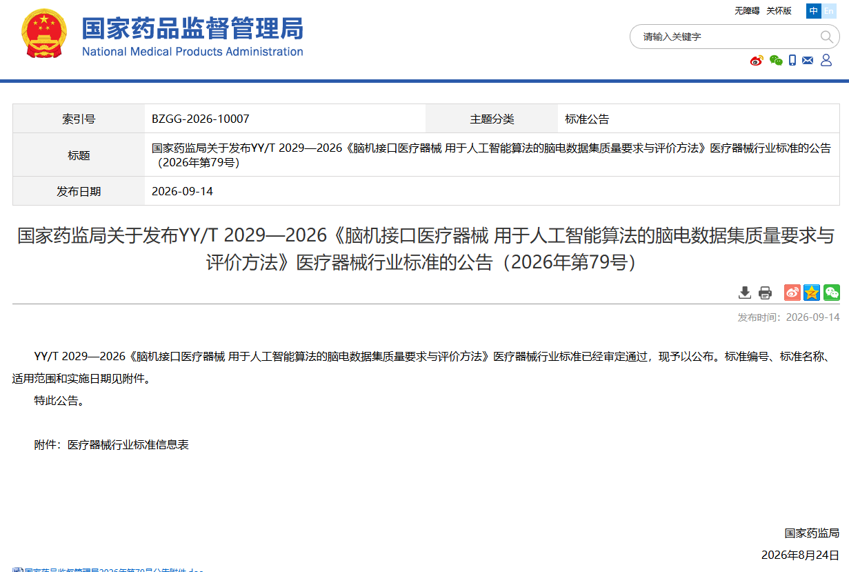 国家药监局发布《脑机接口医疗器械 用于人工智能算法的脑电数据集质量要求与评价方法》