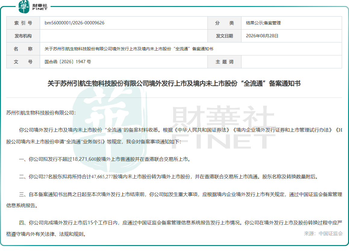 【IPO追蹤】引航生物港股上市獲中國證監會備案,招股書顯示已失效