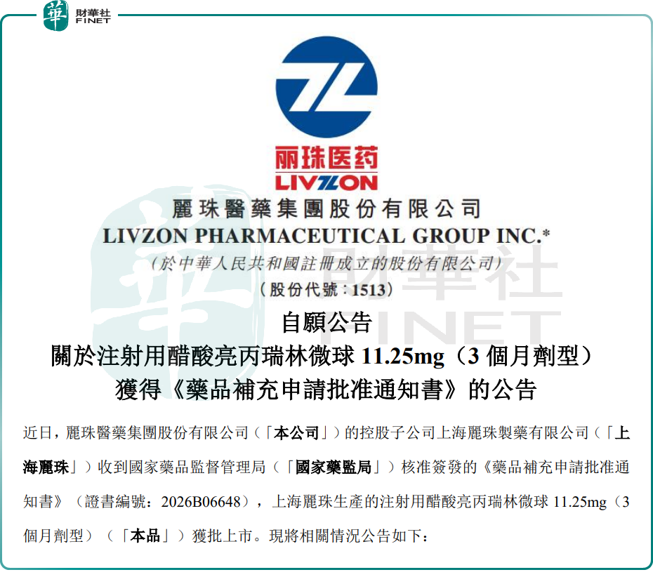 【百強透視】核心藥品獲批上市！麗珠醫藥（a style='border-bottom: 1px dashed #007767;text-decoration:none' href='/search?searchbar=01513.HK'01513.HK/a）漲超4%