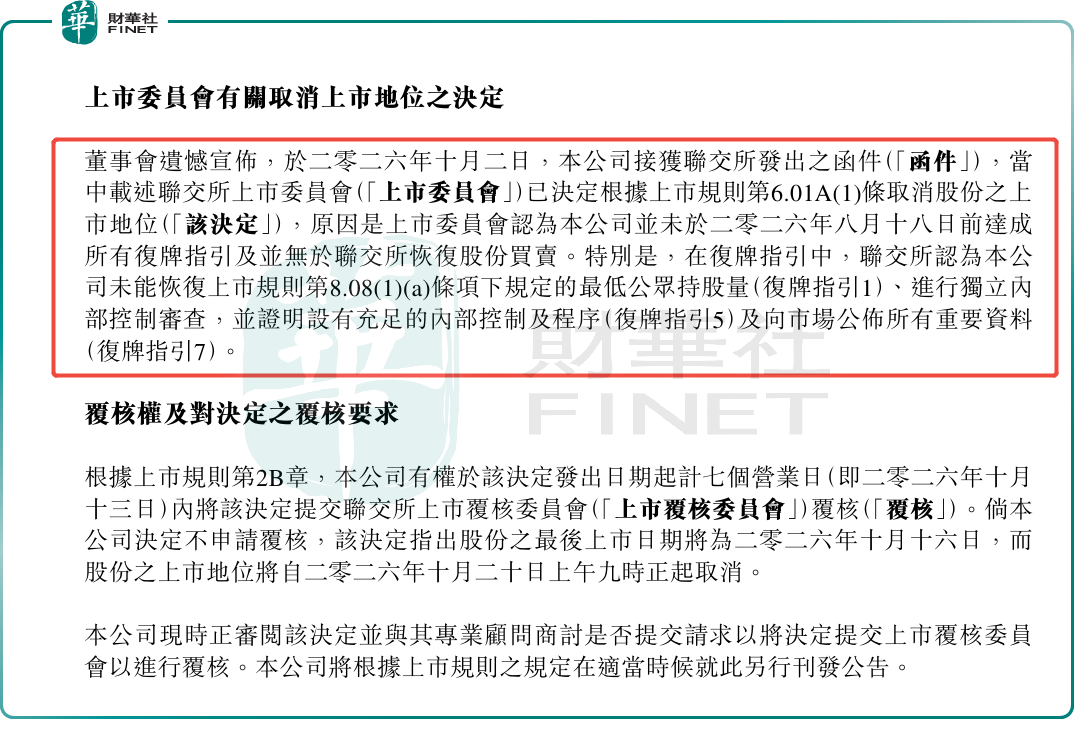 復牌指引未達標 紛美包裝(a style='border-bottom: 1px dashed #007767;text-decoration:none' href='/search?searchbar=00468.HK'00468.HK/a)將被聯交所取消上市地位