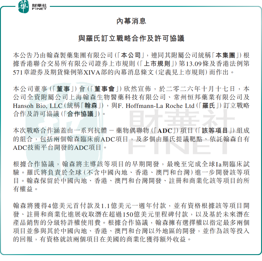 【百強透視】潛在里程碑付款超150億美元!翰森製藥(a style='border-bottom: 1px dashed #007767;text-decoration:none' href='/search?searchbar=03692.HK'03692.HK/a)牽手羅氏加碼ADC