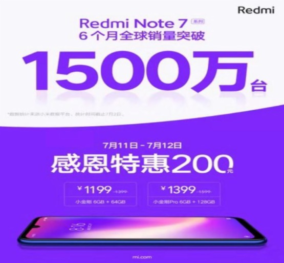  多品牌策略持续推进 Redmi note 7系列销量半年突破1500万